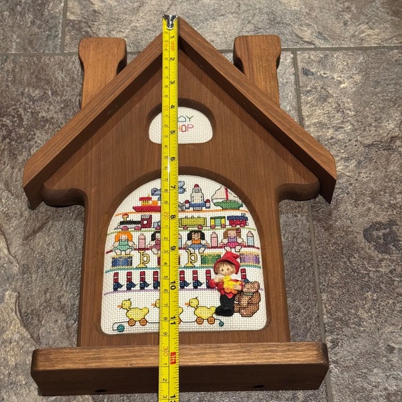 Vintage Cross Stitch "Toy Shop" Wall Hanging in Wooden Frame Handmade Folk Art - Picture 6 of 6